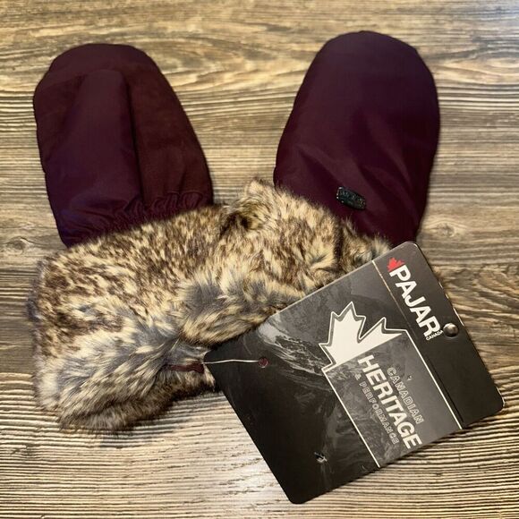 Pajar Reid Faux Fur Oxford Mittens Suede Trim Burgundy OxBlood S-XS RET$89. 8 - Picture 1 of 7